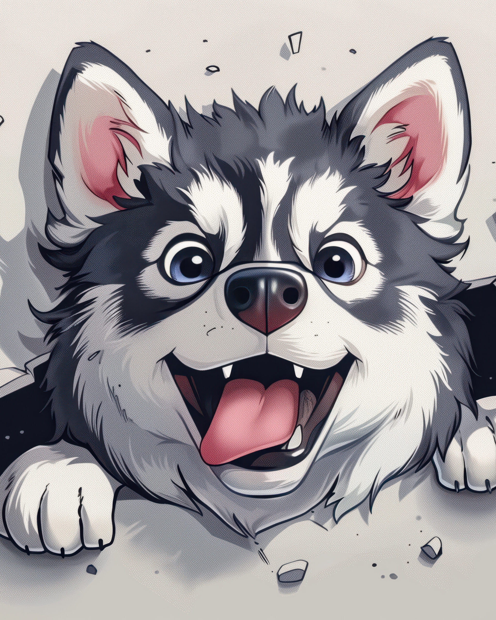 A cheerful animated husky puppy bursting through a white wall, capturing excitement and energy. This fun and cute cartoon dog illustration depicts a playful and joyful scene.