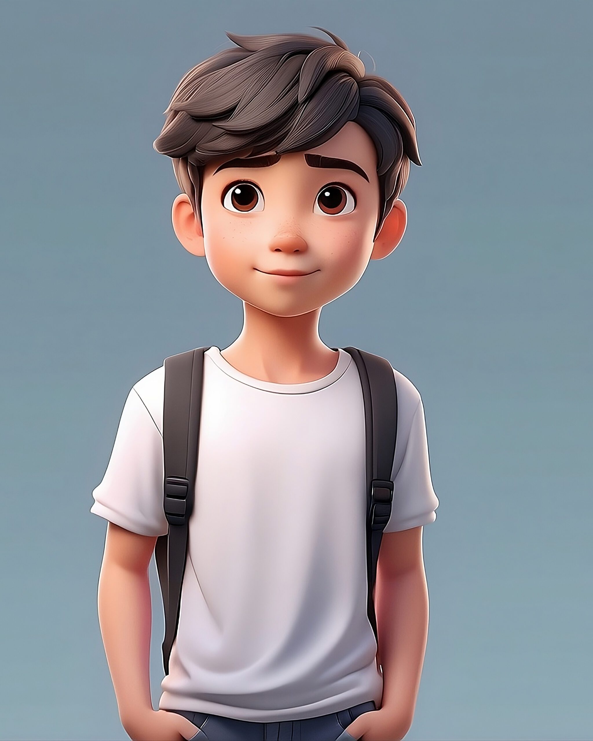 front view of an animated boy standing wearing tshirt character design