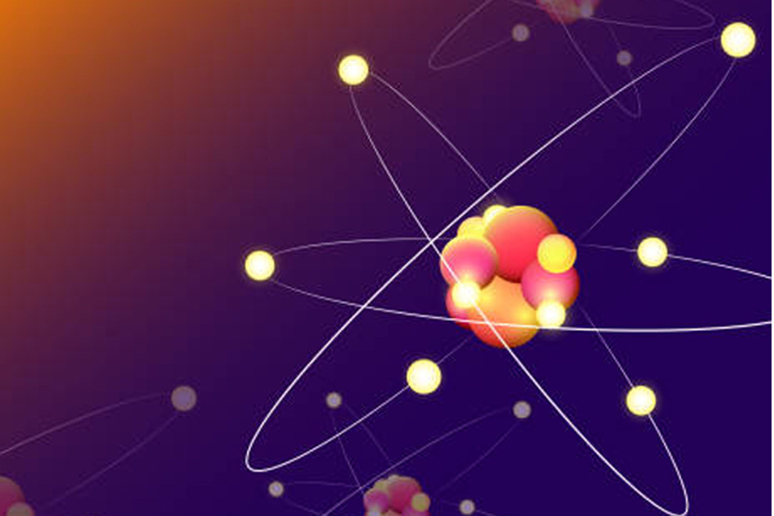 Glowing three-dimensional banner illustration - Atoms and elementary particles.